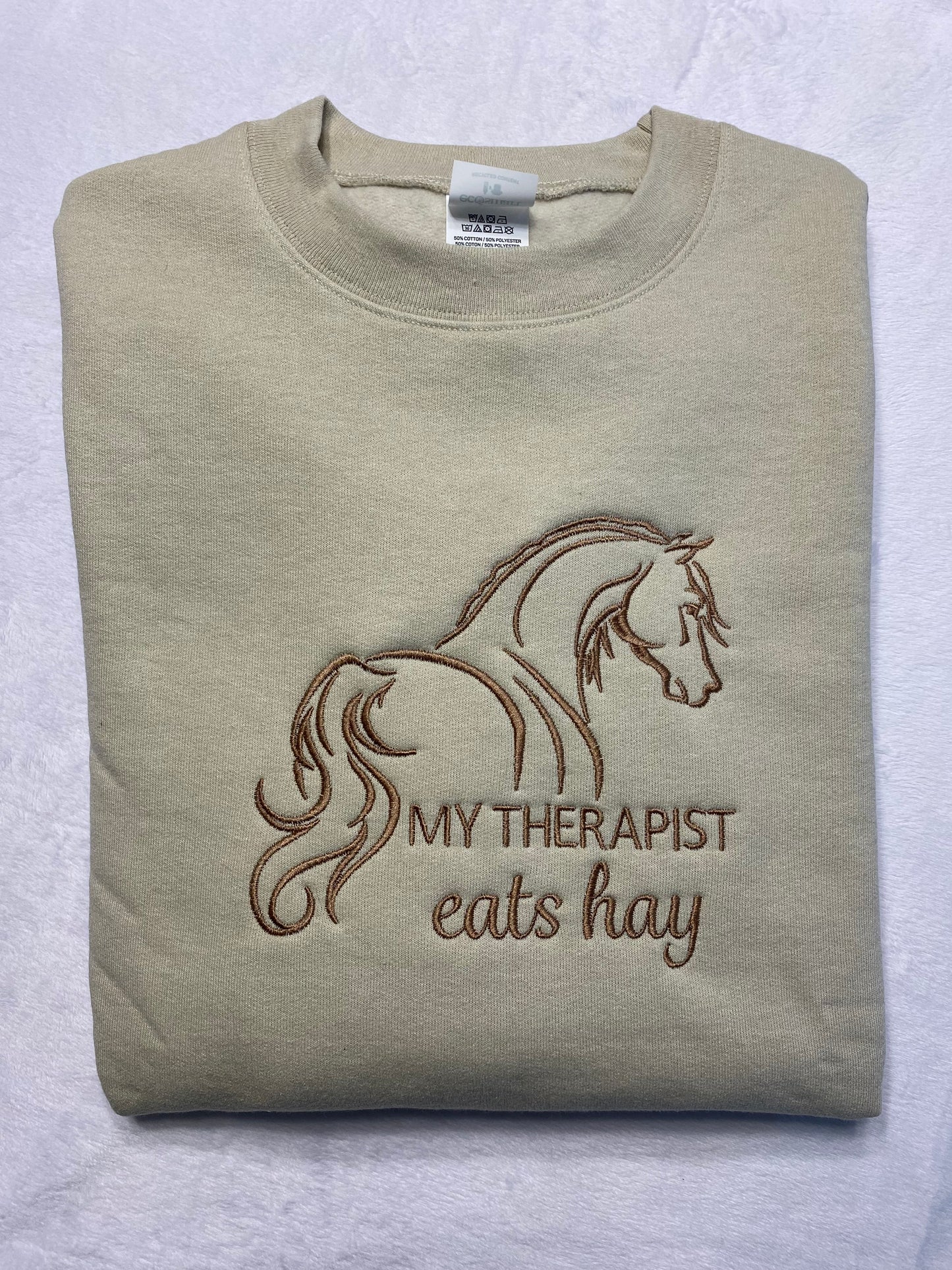 my therapist eats hay sweatshirt, khaki, custom, front view