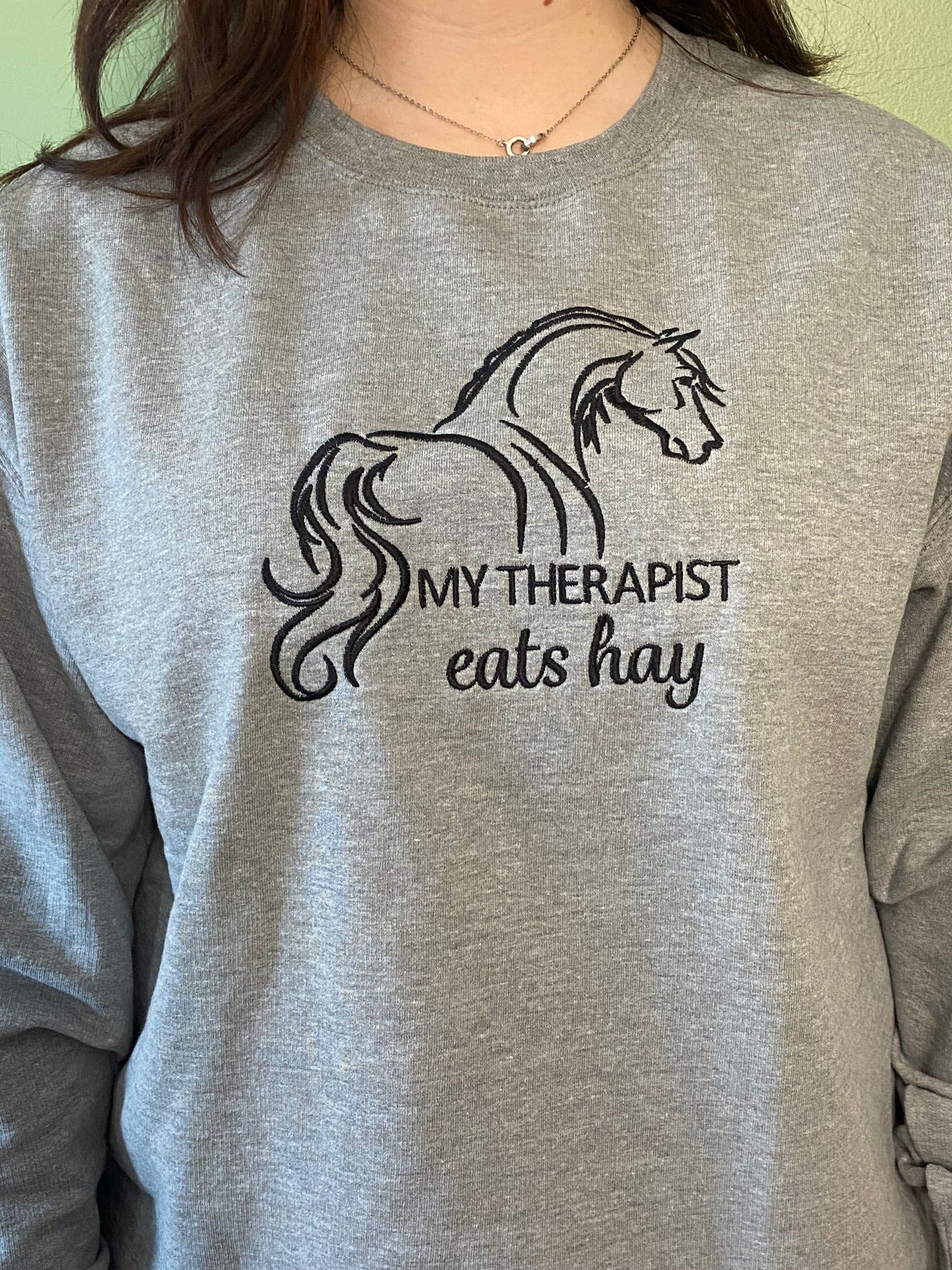 my therapist eats hay sweatshirt, black, custom, model view