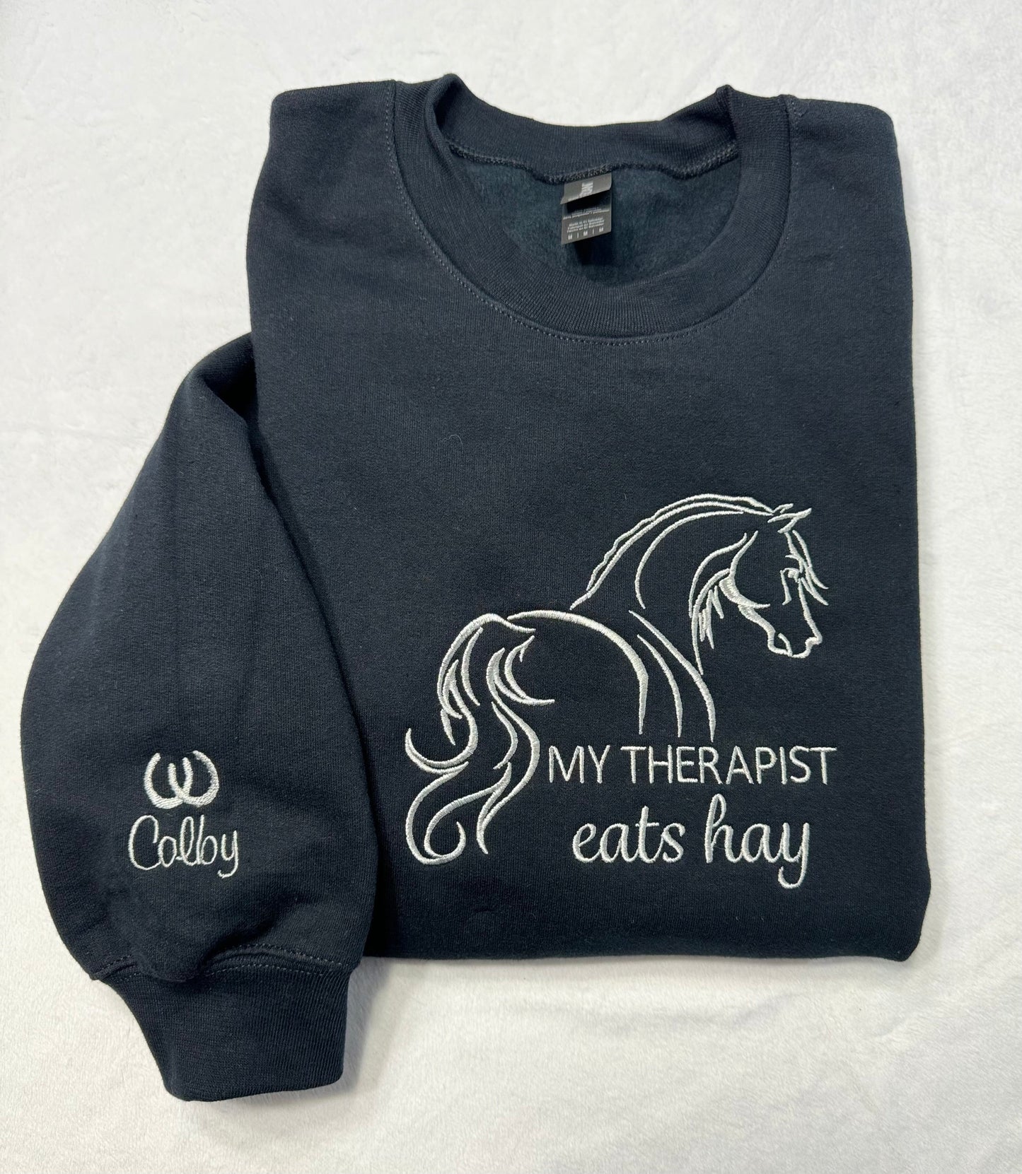 my therapist eats hay sweatshirt, black, custom