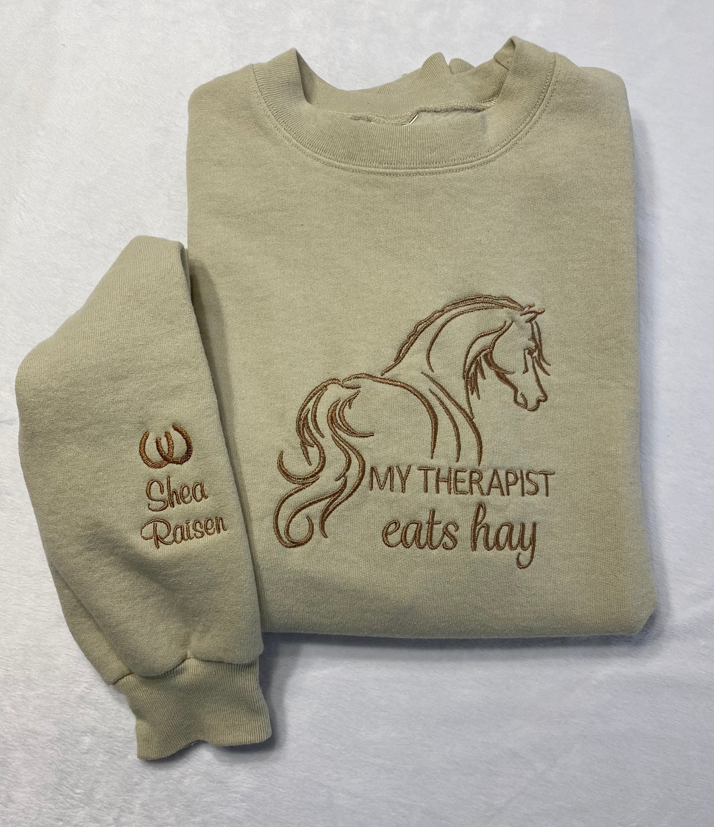 my therapist eats hay sweatshirt, khaki, custom
