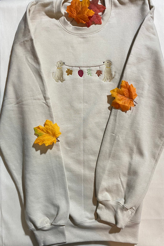 Autumn Leaves and Puppies Embroidered Crewneck