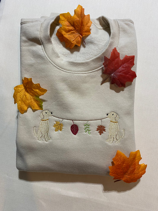 Autumn Leaves and Puppies Embroidered Crewneck